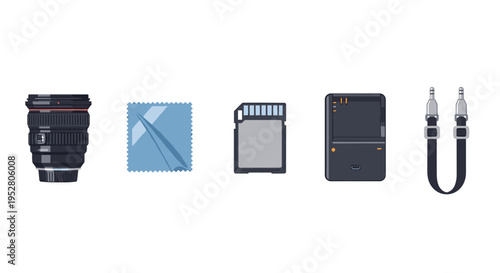 Photography and media accessories are essential tools for capturing, storing, and enjoying digital content, presented as a flat vector illustration.