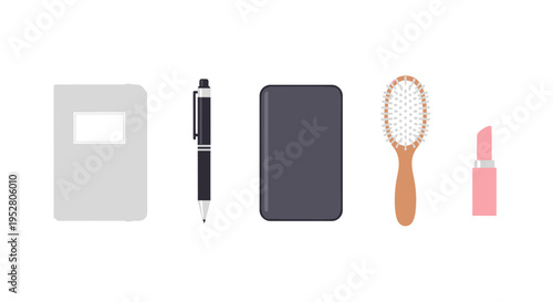 Everyday personal items, including a notebook, pen, smartphone, hairbrush, and lipstick, neatly arranged for daily routine and organization.