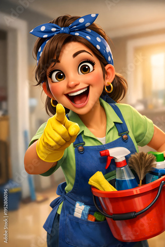 Happy cartoon cleaner points excitedly with a bucket full of tools