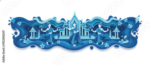 Traditional Thai dance performance at a temple. Songkran festival celebration concept in paper cut style. Flat design vector illustration isolated on transparent background