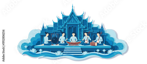 Traditional Thai music band performance at a temple. Cultural entertainment concept in paper cut style. Flat design vector illustration isolated on transparent background