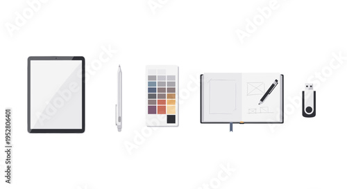 Various digital and traditional design tools are neatly arranged on a clean surface, representing a modern creative workflow for artists and designers.