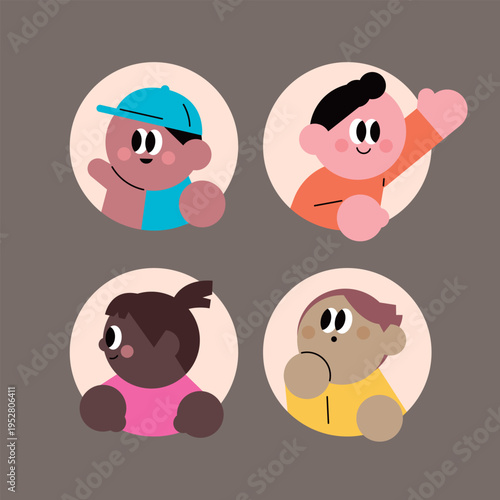 Vector set of four cute and diverse children avatar icons in circular frames. Flat illustration of multiethnic boys and girls smiling and gesturing for modern app and web user profiles.