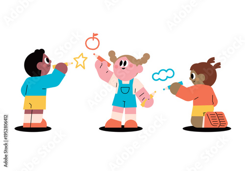 Vector illustration of a diverse group of three children drawing and painting together with colorful crayons. Flat character design for a creative educational and playful learning concept in school or