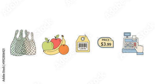 Grocery shopping elements, including reusable bags, fresh fruits, price tags, and a cash register, represent a sustainable and modern market experience.