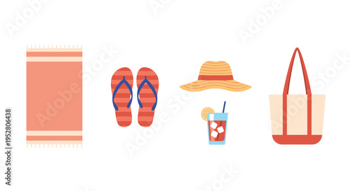 Various summer beach vacation accessories including a towel, flip-flops, hat, refreshing drink, and tote bag, ready for a relaxing day by the sea.