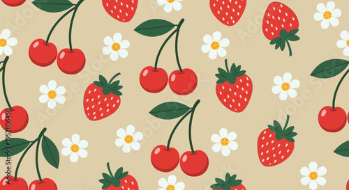 Seamless pattern with cherries, strawberries, and daisies, vector illustration on a light brown background, fruity design