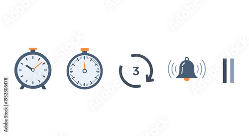 Essential time management alarm stopwatch countdown control icons representing scheduling, alerts, and operational functions for digital interfaces and applications.