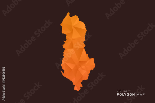 Albania Map - low poly polygon vector, geometric triangulated silhouette in orange and dark brown tones, clean modern infographic style, isolated background.