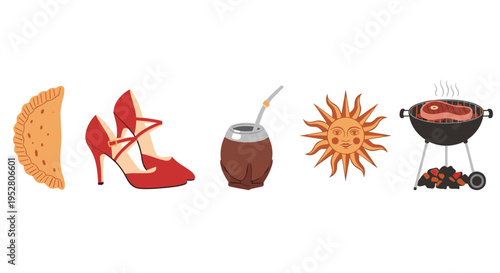 Argentine cultural symbols and traditional items are arranged in a vibrant flat lay illustration representing the rich heritage and customs of the region.