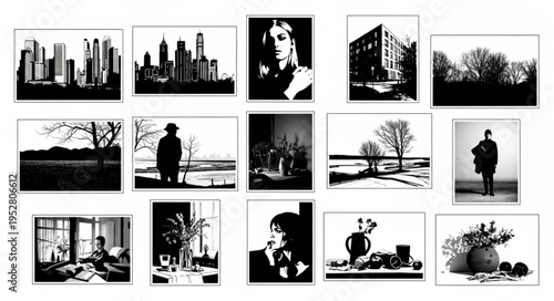 Black and white city life scenes.