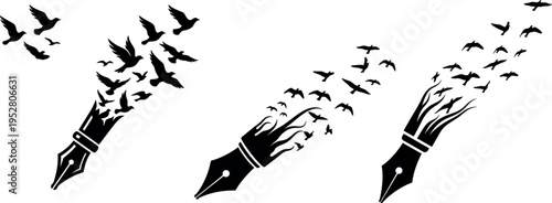 Feathers take flight from quills in a creative and symbolic illustration