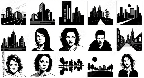 Black and white city people silhouettes.