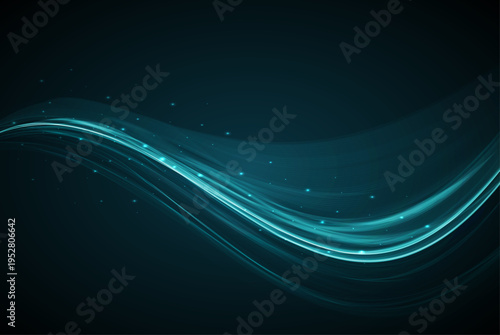 暗闇に流れる青い光のラインと粒子が美しく広がる未来的テクノロジーイメージの抽象ウェーブ背景素材