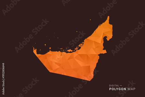 United Arab Emirates Map - low poly polygon vector, geometric triangulated silhouette in orange and dark brown tones, clean modern infographic style, isolated background.