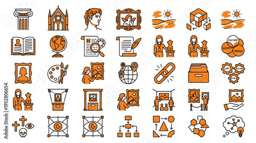 Art History and Museum Research Icon Set in Line Style. A collection of icons including sculpture, painting, curator, gallery, architecture, globe, archives, education