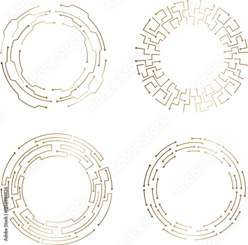 洗練された円形デジタル回路パターンのセットデザインで未来的テクノロジーを表現した抽象的サークルライン素材