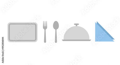 Dining items cutlery tableware service set vector illustration showcasing a minimalist collection of essential restaurant and meal serving equipment for food delivery.