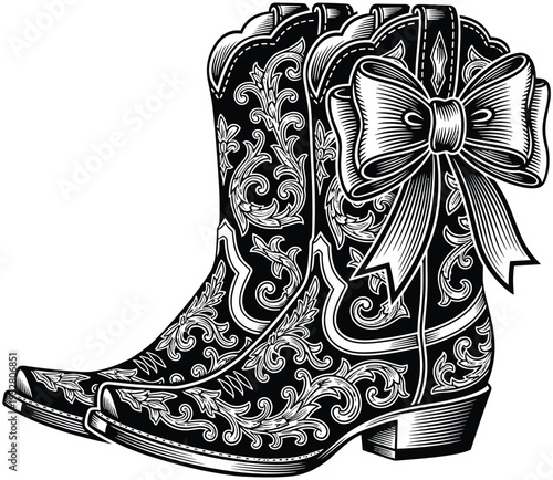 Black and white ornate cowboy boots with decorative floral embroidery and large bow, western fashion illustration isolated vintage style artwork