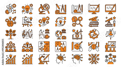 STEM and STEAM Education Icon Set in Linear Style. A collection of icons representing science, technology, engineering, art, math, including microscope, lightbulb, DNA, gears, robot