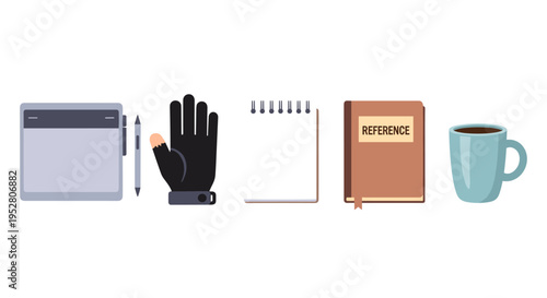 Digital art design tools and supplies for creative professionals are neatly arranged, representing a complete workspace for artists and illustrators.