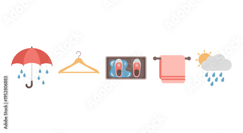 Assortment of everyday items related to rainy weather and the subsequent process of drying clothes and footwear is neatly arranged.