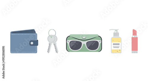 Collection of daily essential items including a blue wallet, silver keys, sunglasses in a green case, hand sanitizer, and pink lipstick, presented as a flat vector illustration.