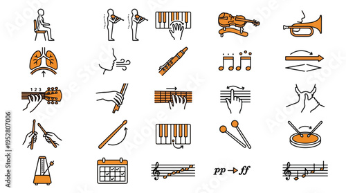 Music Practice Icon Set in Line Style. A collection of linear icons for musical education, including piano, violin, guitar, flute, metronome, drums, notation, and more. Editable Stroke.