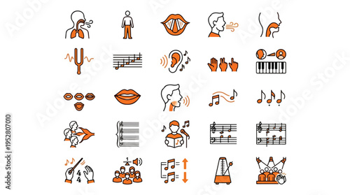 Vocal Music and Singing Set in Line Style. A collection of linear icons representing voice concepts, including choir, conductor, notation, breathing, performance, metronome