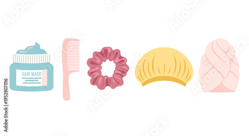Hair mask, comb, scrunchie, shower cap, and hair towel are essential items for a complete hair care routine, illustrated in a charming flat design.