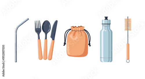 Reusable eco-friendly travel cutlery set and accessories, including a metal straw, water bottle, and cleaning brush, promoting a sustainable zero-waste lifestyle.