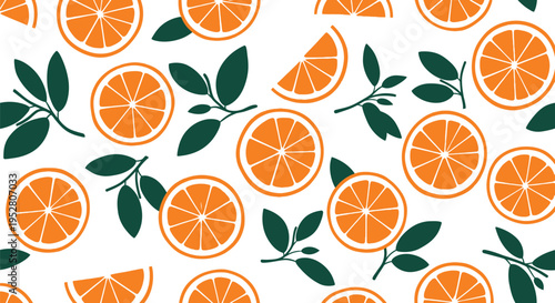 Vibrant orange fruit slices and green leaves pattern on white background, fresh healthy food and drink design