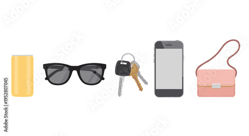 Everyday personal items including a yellow can, stylish sunglasses, a set of keys, a modern smartphone, and a chic pink purse are neatly arranged.