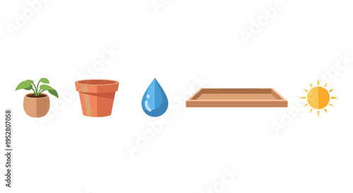 Plant pot water tray sun icons illustrating the fundamental elements required for successful gardening, plant care, and nurturing healthy growth.
