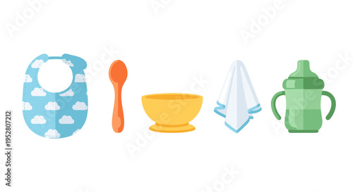 Baby feeding essentials collection featuring a bib, spoon, bowl, cloth, and sippy cup arranged neatly in a colorful flat vector illustration.
