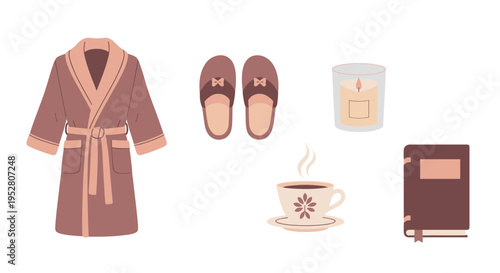 Cozy home comfort items for a relaxing evening, featuring a soft bathrobe, warm slippers, a lit candle, a steaming cup of coffee, and a good book.