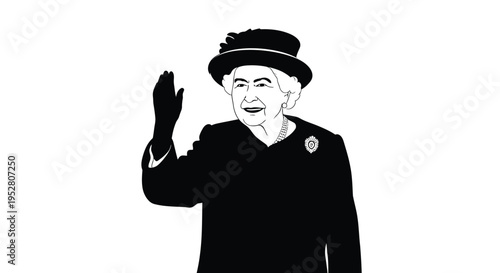 Illustration of smiling senior woman waving hand in black outfit and hat on white background