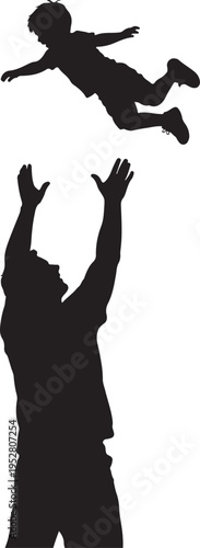 Silhouette of two people with one tossed in the air, celebration and trust concept on white background