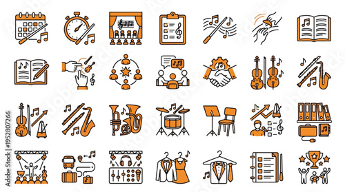 Orchestra Music Icon Set in Linear Style. A collection of linear icons, including conductor, violin, stage, notes, metronome, concert, gear, sheet music, award, and more. Editable Stroke.