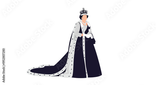 Illustration of a regal woman in a long dark blue dress with a white cape and crown standing elegantly on a plain background