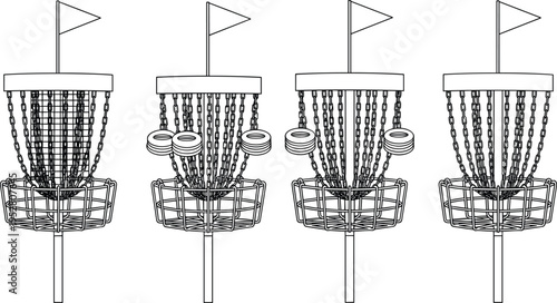 Cad drawing flat vector illustration, disc golf basket with chains and flying discs isolated sports equipment set