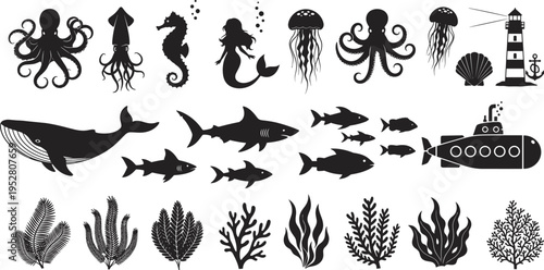 Mermaid silhouette set vector illustration, collection of swimming mythical sea creatures with fish tails and long hair, isolated icons on white background, ocean.