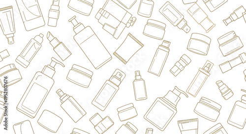 Beauty care products seamless pattern featuring line art illustrations of cosmetic bottles jars and tubes for skin and hair treatment on white background