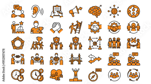 Soft Skills and Teamwork Business Icon Set in Two-Tone Linear Style. A collection of icons including mentorship, coaching, communication, strategy, goals, success, partnership