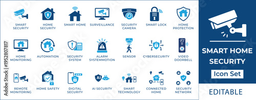 Smart home security icon set featuring surveillance cameras, smart locks, home automation, alarm systems, remote monitoring, AI security, and connected house safety symbols.
