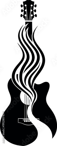 Abstract electric guitar with stylized flame design on its body