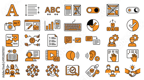 Web Accessibility Icon Set in Linear Style. A collection of Inclusive Design icons including alt text, screen reader, keyboard navigation, braille, contrast, captions, equality