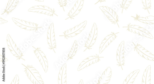 Soft feather seamless pattern with delicate hand drawn bird plumes in light beige color floating on white background for airy and light textile design