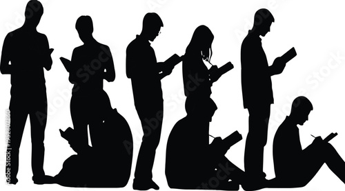 Set of 7 Black Silhouettes of People Using Mobile Devices Vector Illustration