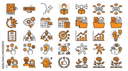 Special Education Vector Icon Set in Two-tone Style. A collection of icons including IEP, speech therapy, brain growth, sensory, auditory, visual, goal, therapy, and more. Editable Stroke.